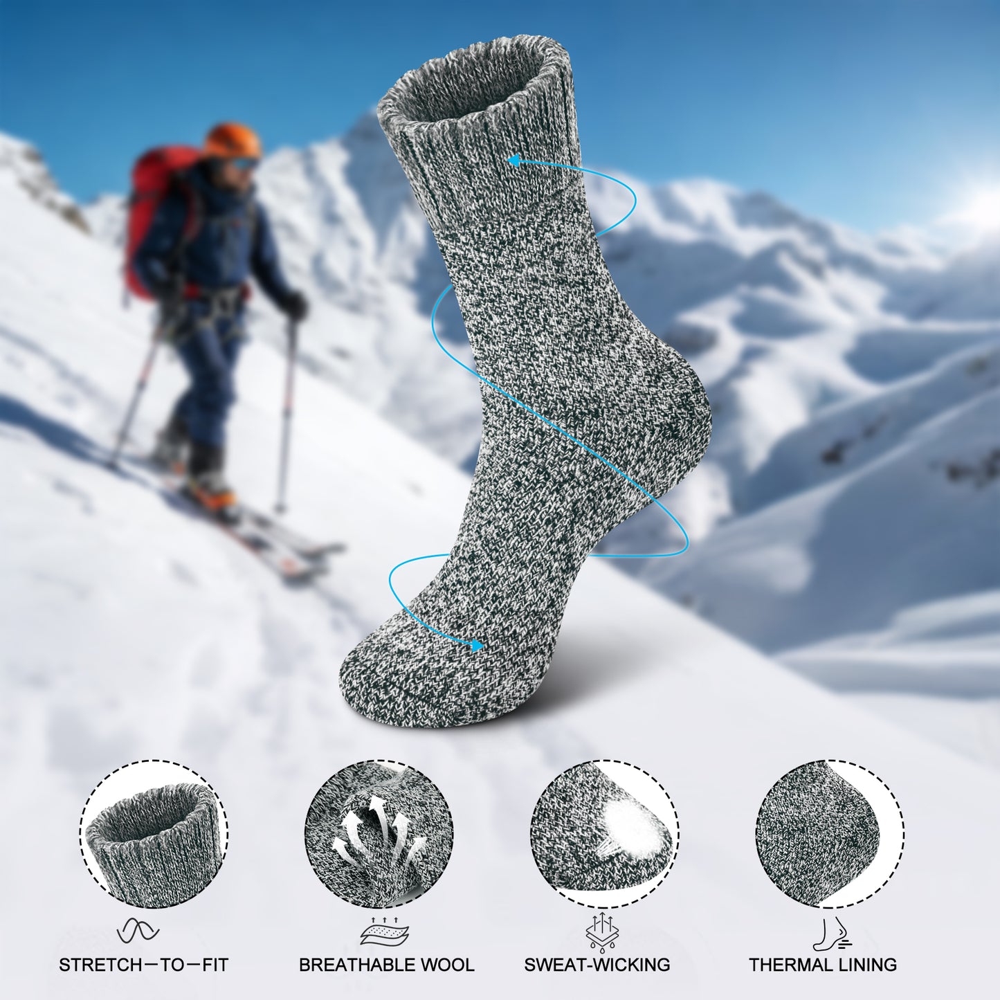 KOITHOT 2 Pairs Wool Socks Mens, Thick Warm Winter Socks, Soft Hiking Casual Work Socks for Men