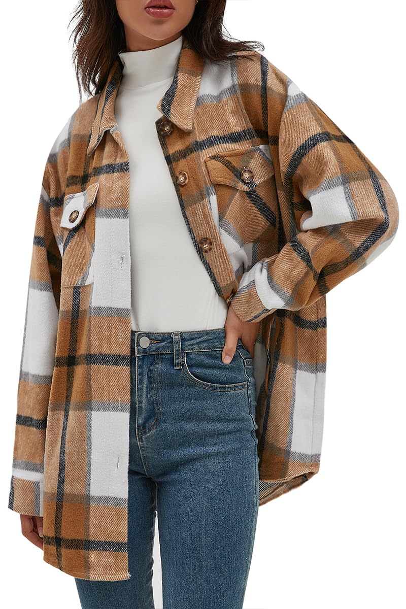 Chalesta Womens Button Down Flannel Shirts Long Sleeve Plaid Shackets Casual Jacket Coats with Pockets