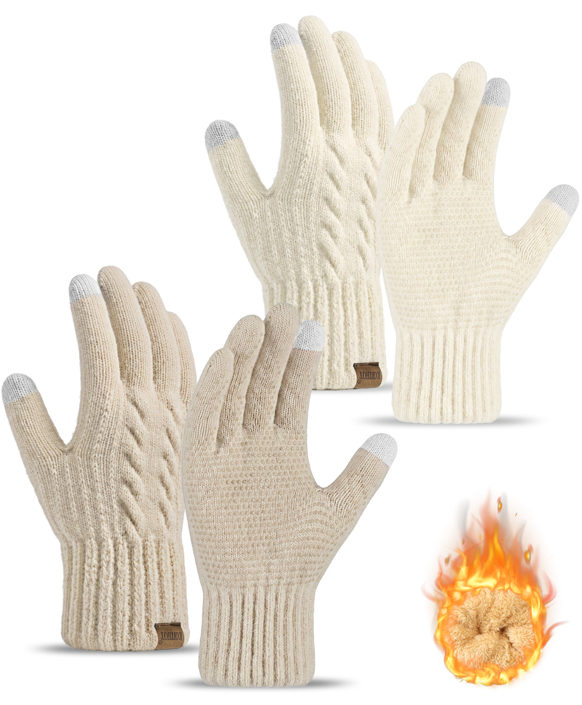 KOITHOT 2 Pairs Winter Gloves for Women Thick Lined Touch Screen Knit Warm Gloves for Cold Weather
