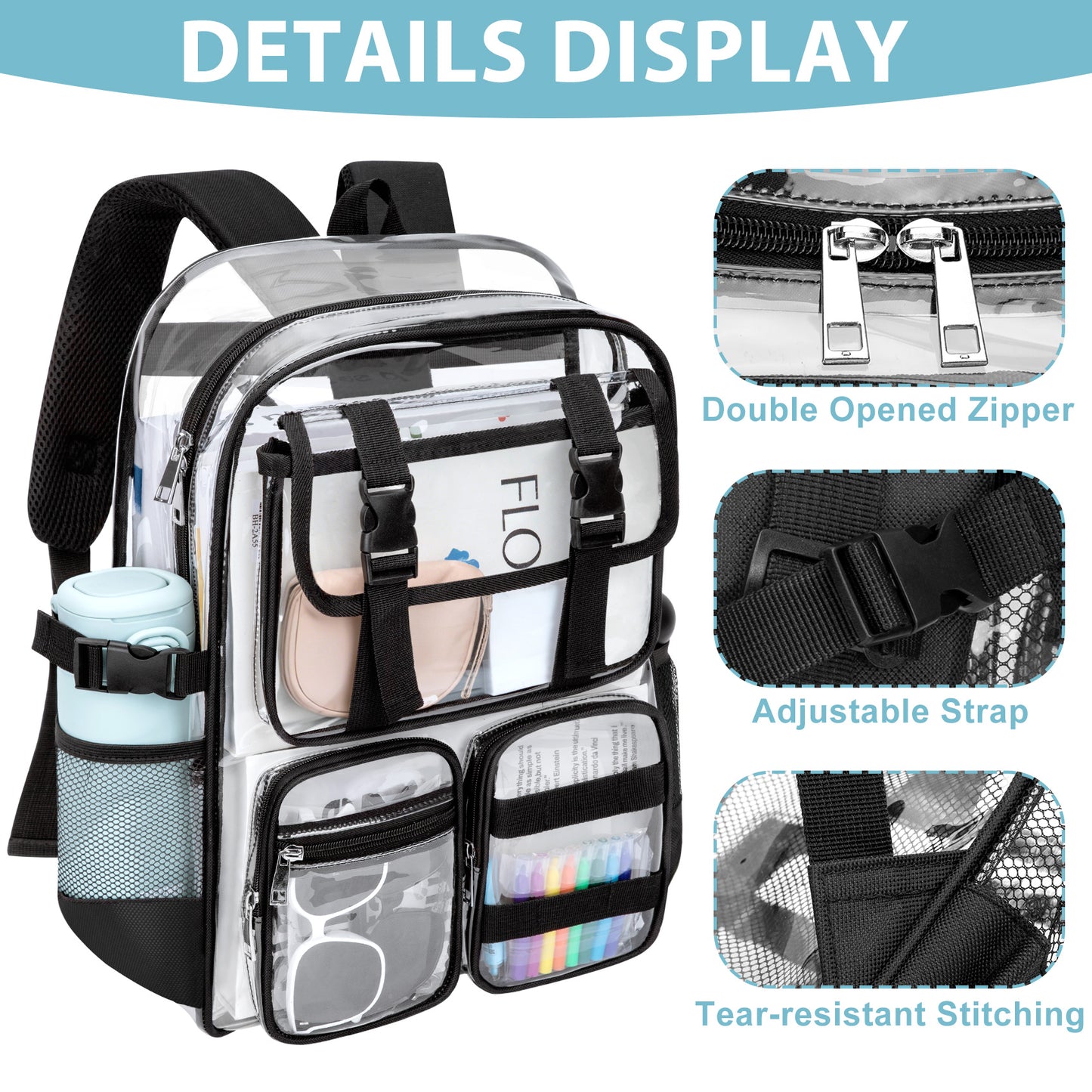 KOITHOT Clear Backpack Heavy Duty, Waterproof PVC Transparent Backpacks for Adults, Book Bag for School Travel