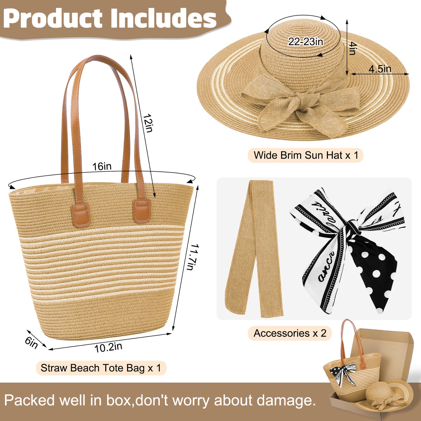 KOITHOT Sun Hat and Tote Bag for Women Wide Brim UPF 50+ Women Summer Straw Hat for Women, Khaki