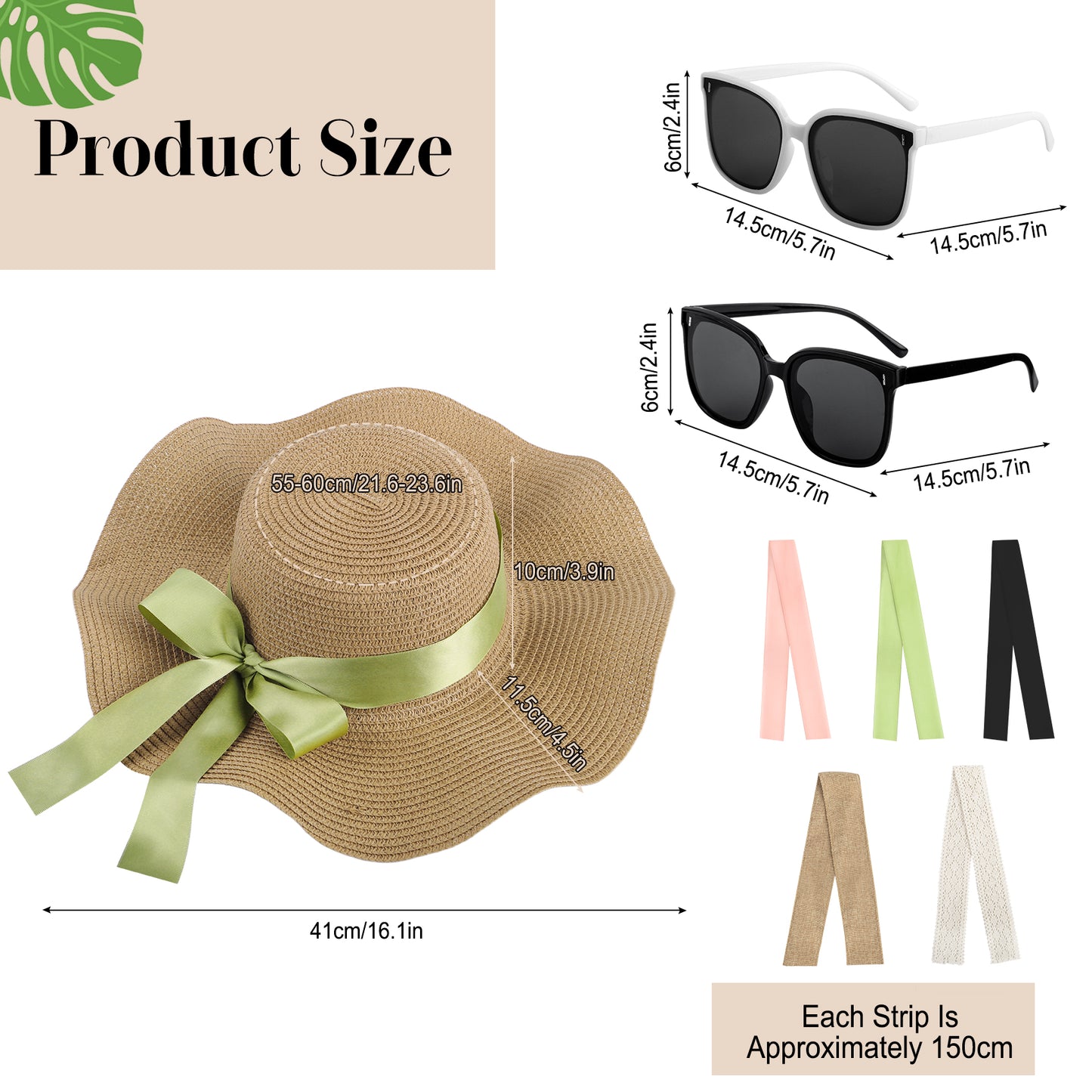 KOITHOT Woman Straw Hat Wide Brim UPF 50+ Women Summer Sun Hats for Beach with Sun Glasses Ribbon Khaki