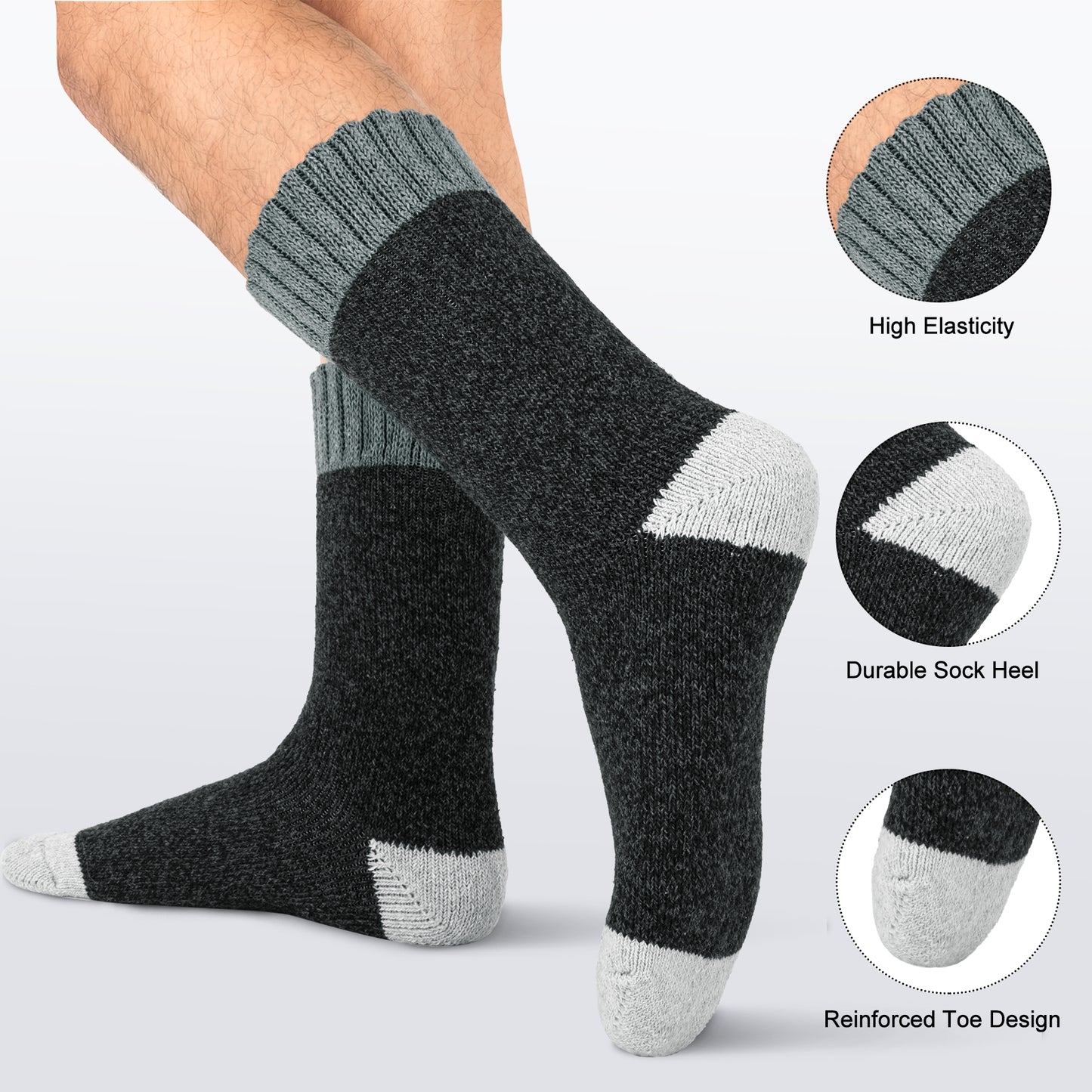 KOITHOT 2 Pairs Men Wool Socks, Thick Warm Thermal Wool Socks For Men, Hiking Winter Socks for Cold Weather