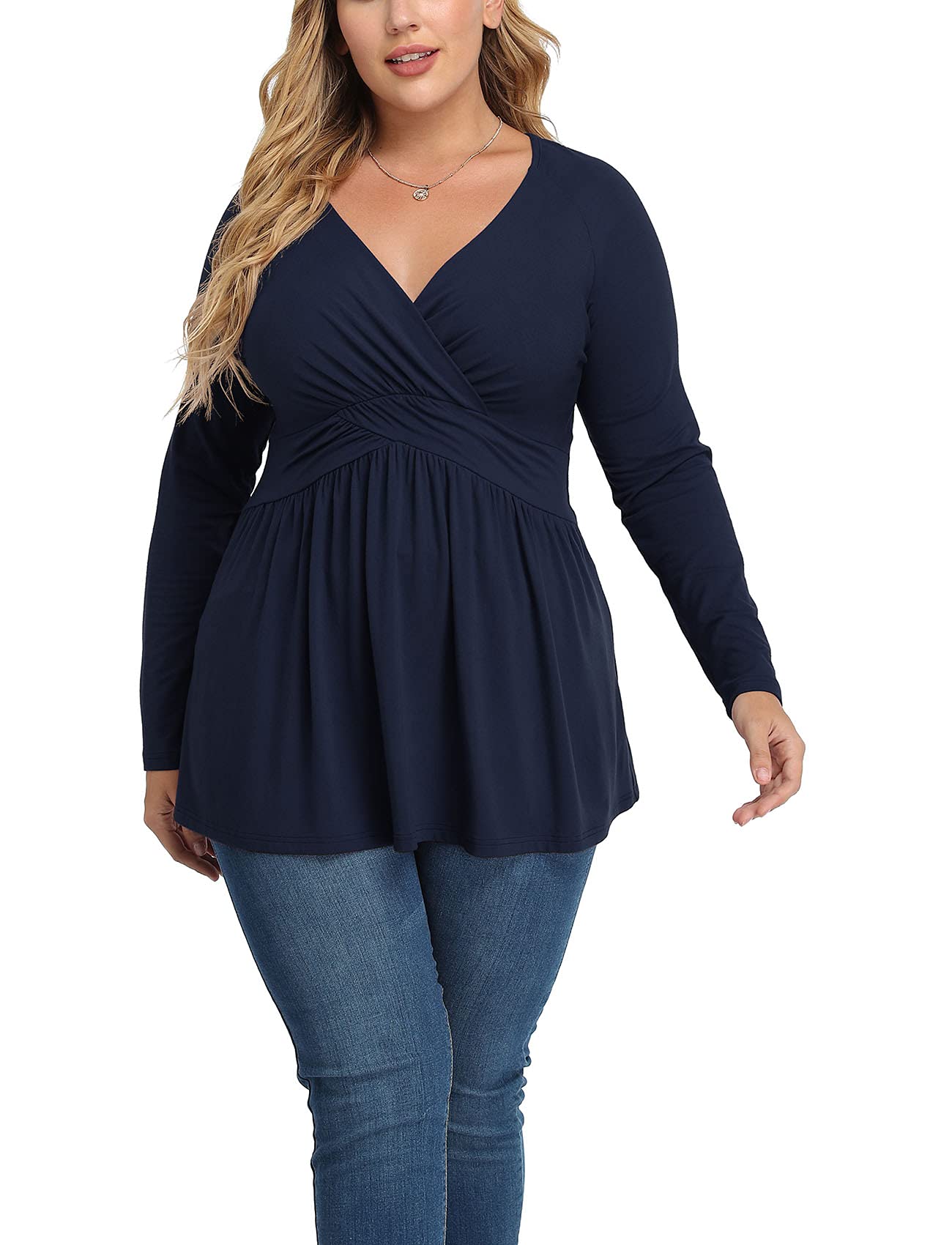 Chalesta Women Plus Size Shirt Long Sleeve Floral Print Tops Pleated Casual V Neck Tunic Top