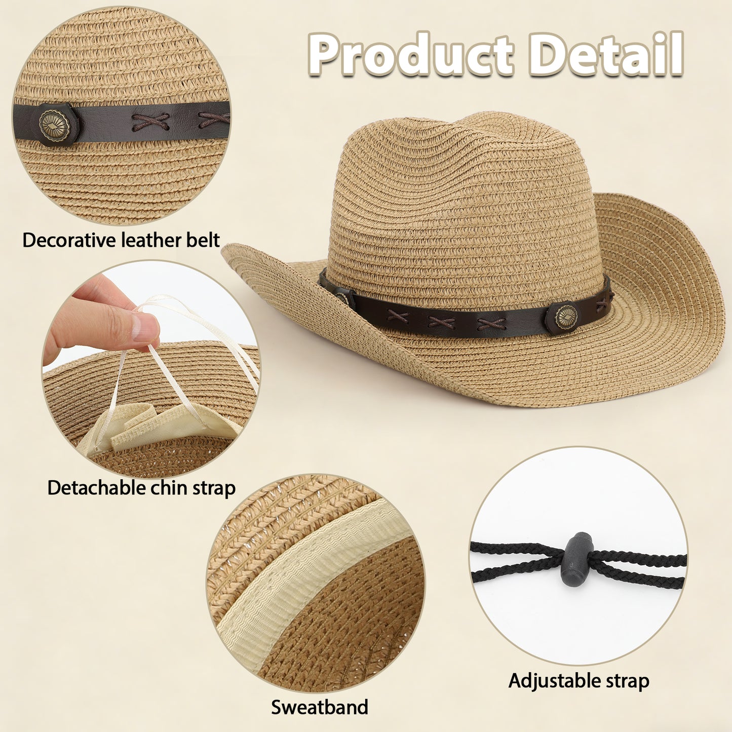 KOITHOT Straw Cowboy Hat for Women Foldable Western Cowgirl Sun Hats for Women with Adjustable Strap, Khaki
