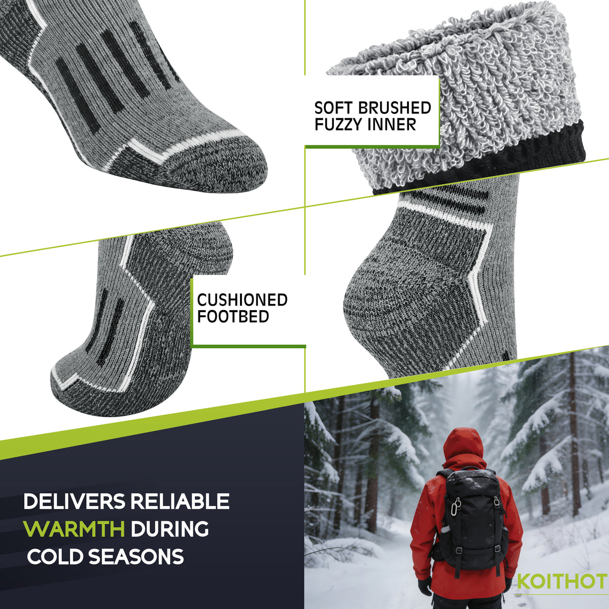 KOITHOT 3 Pack Merino Wool Socks for Men & Women, Cushioned Thermal Winter Boot Crew Hiking Socks