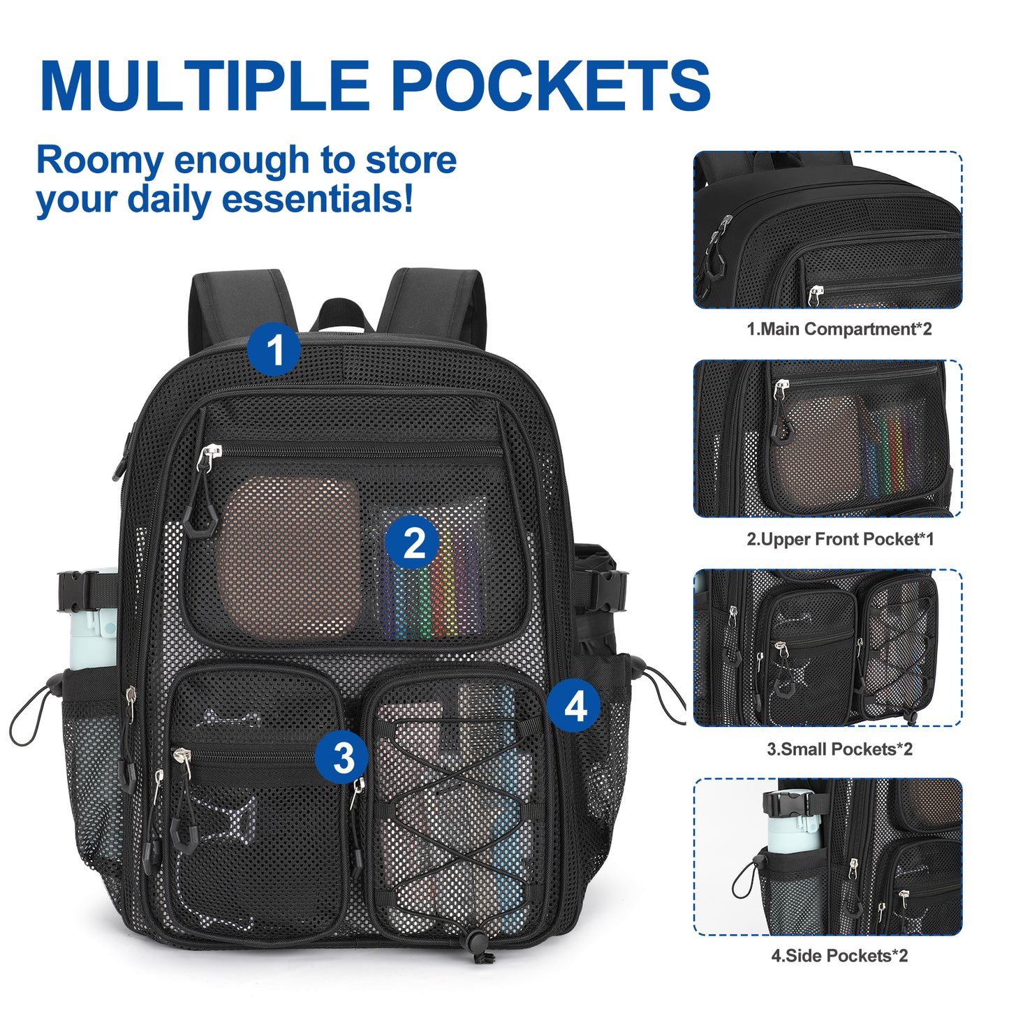 KOITHOT Mesh Backpack Heavy Duty, Stadium Approved Multi-Pocket Beach Backpacks for Adults, See Through Transparent Mesh Bookbag for School & Travel