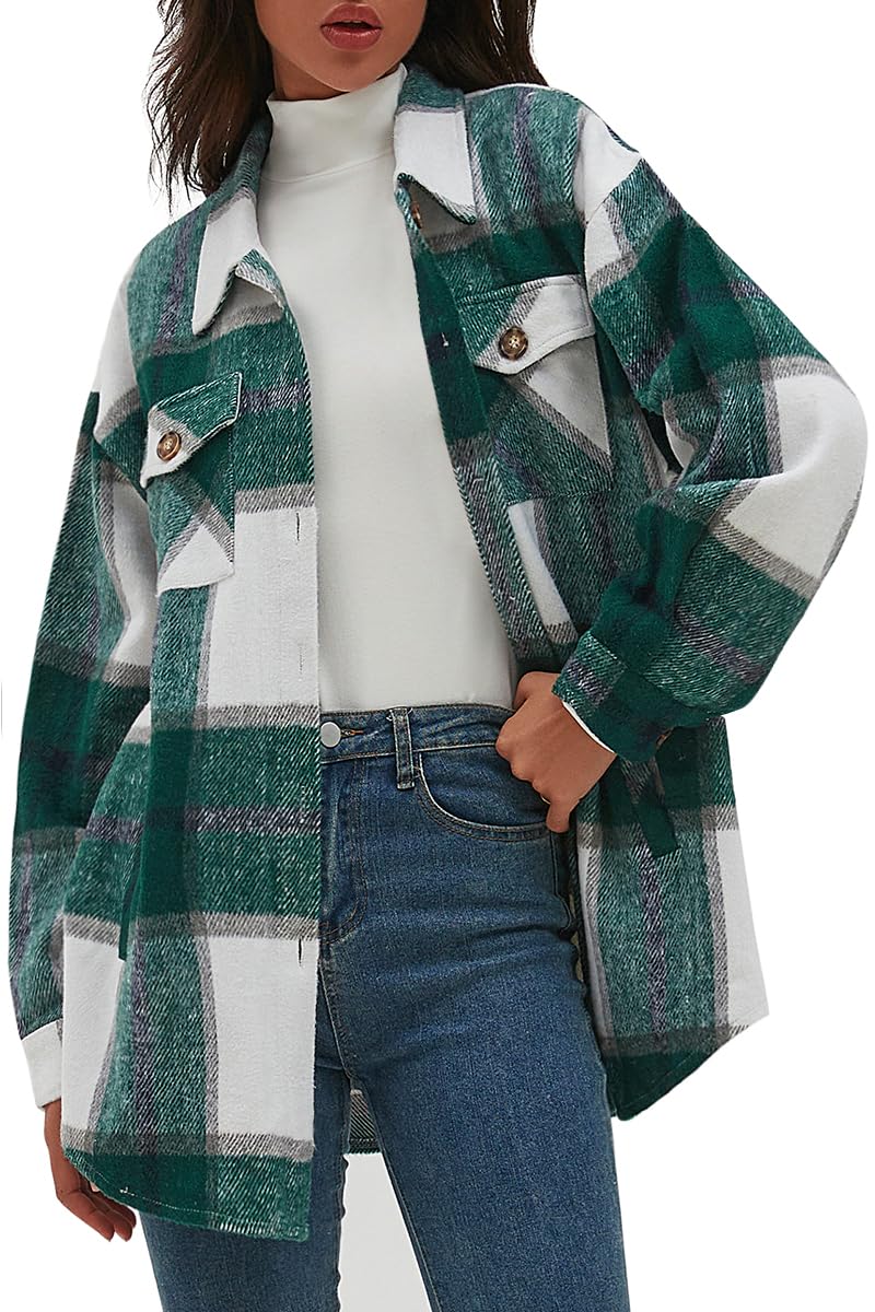 Chalesta Womens Button Down Flannel Shirts Long Sleeve Plaid Shackets Casual Jacket Coats with Pockets