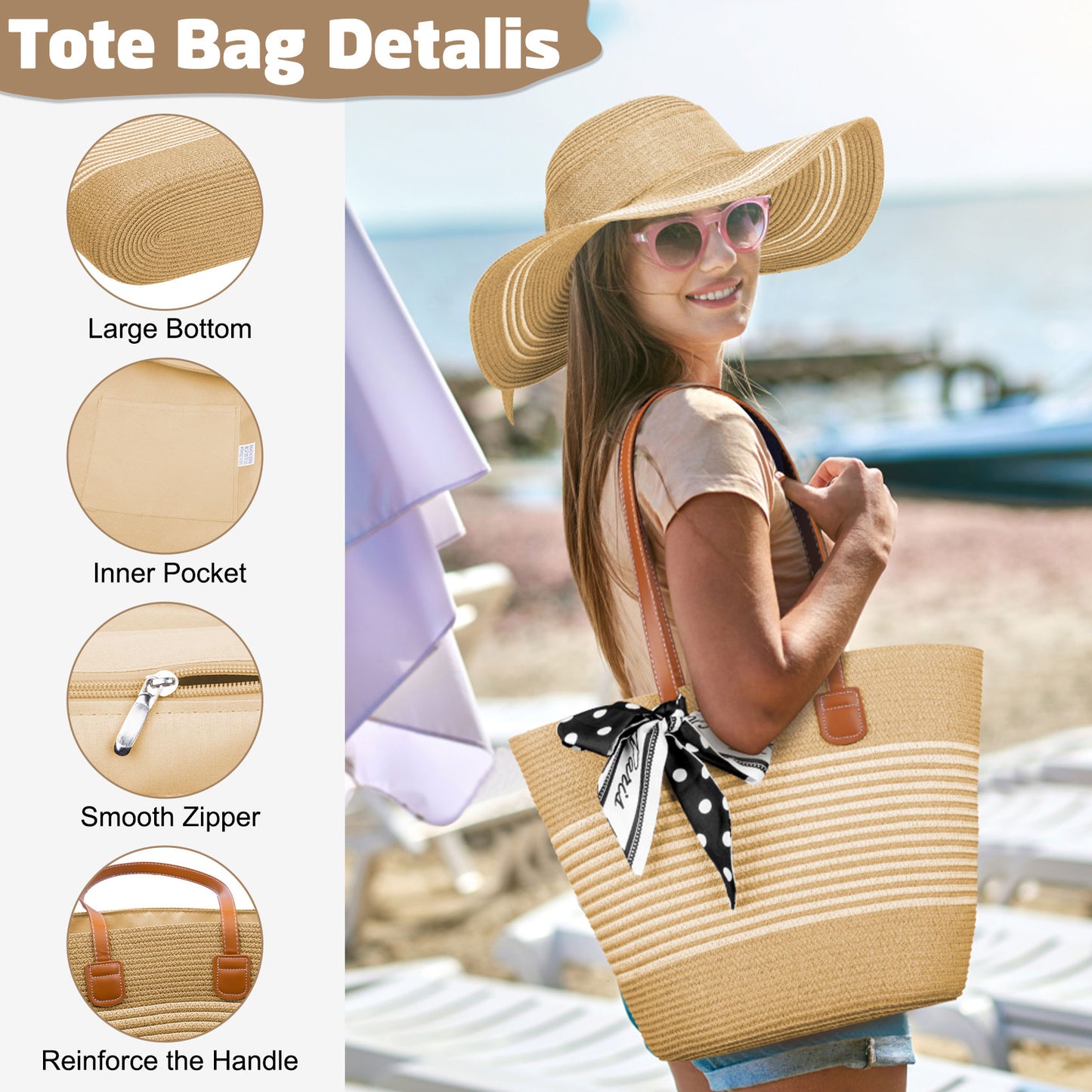 KOITHOT Sun Hat and Tote Bag for Women Wide Brim UPF 50+ Women Summer Straw Hat for Women, Khaki