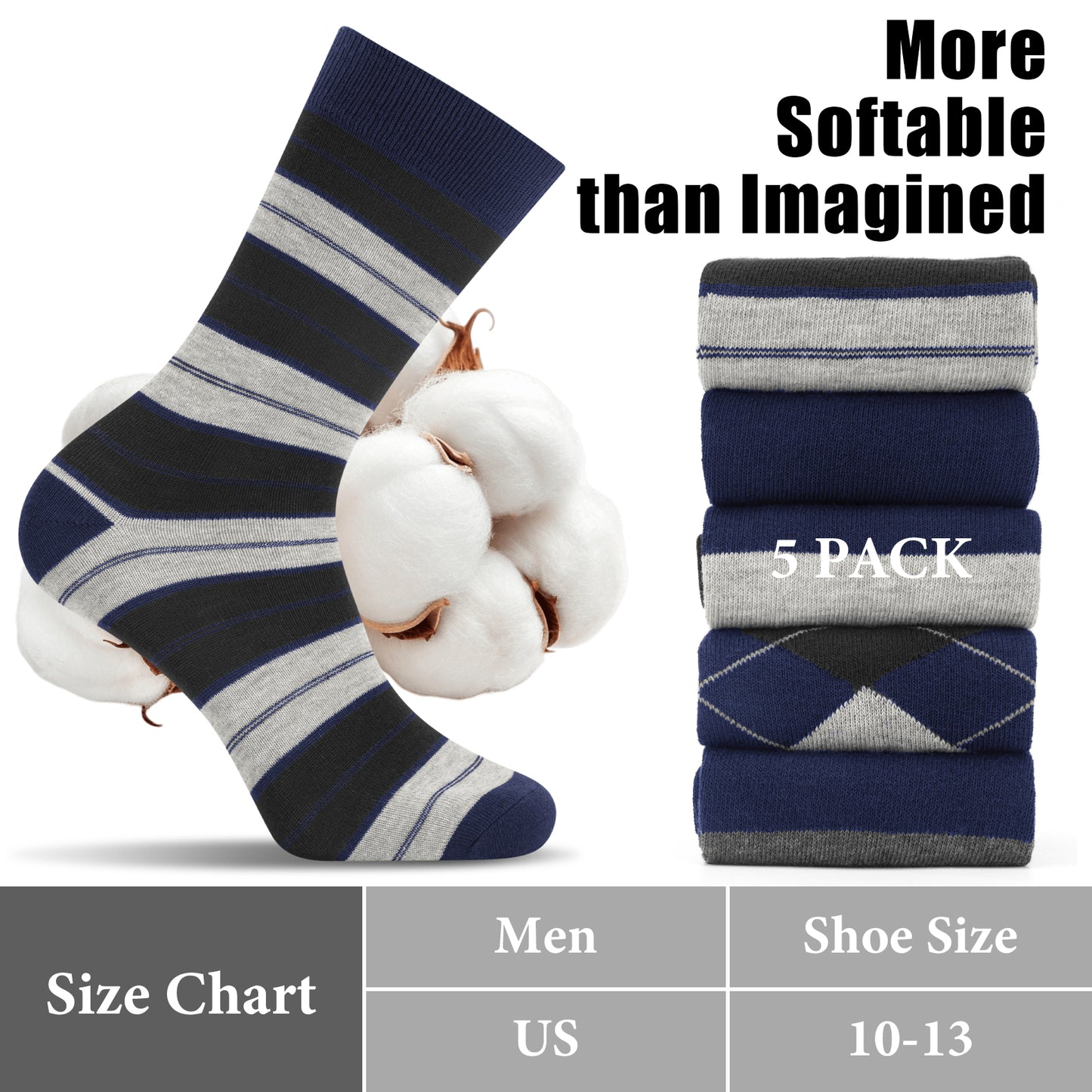 KOITHOT 5 Pack Dress Socks for Men Crew Socks Fashion Business Casual Cotton Mens Socks Size 10 13