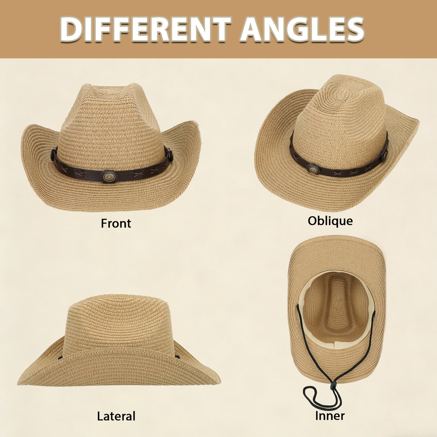 KOITHOT Straw Cowboy Hat for Women Foldable Western Cowgirl Sun Hats for Women with Adjustable Strap, Khaki