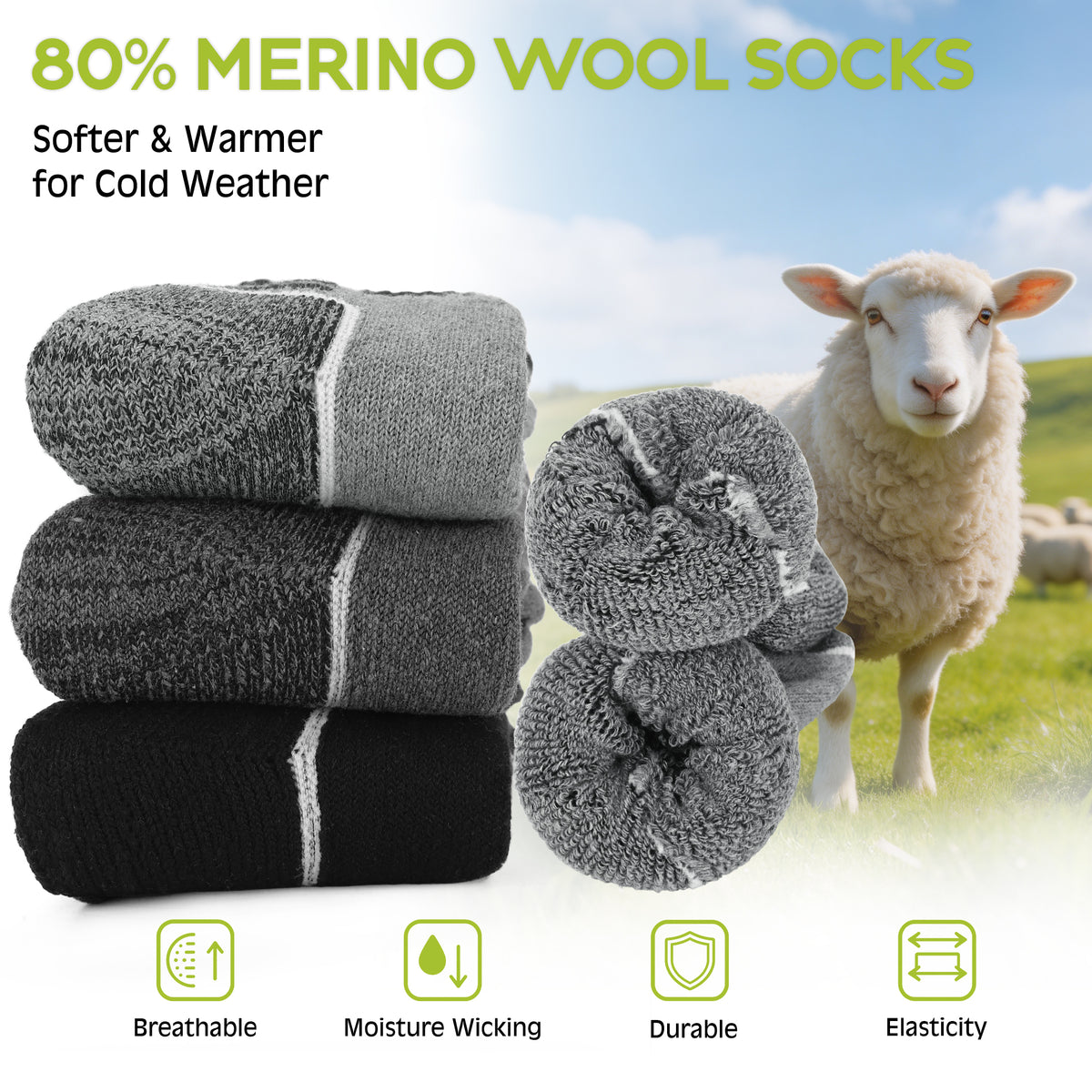 KOITHOT 3 Pack Merino Wool Socks for Men & Women, Cushioned Thermal Winter Boot Crew Hiking Socks