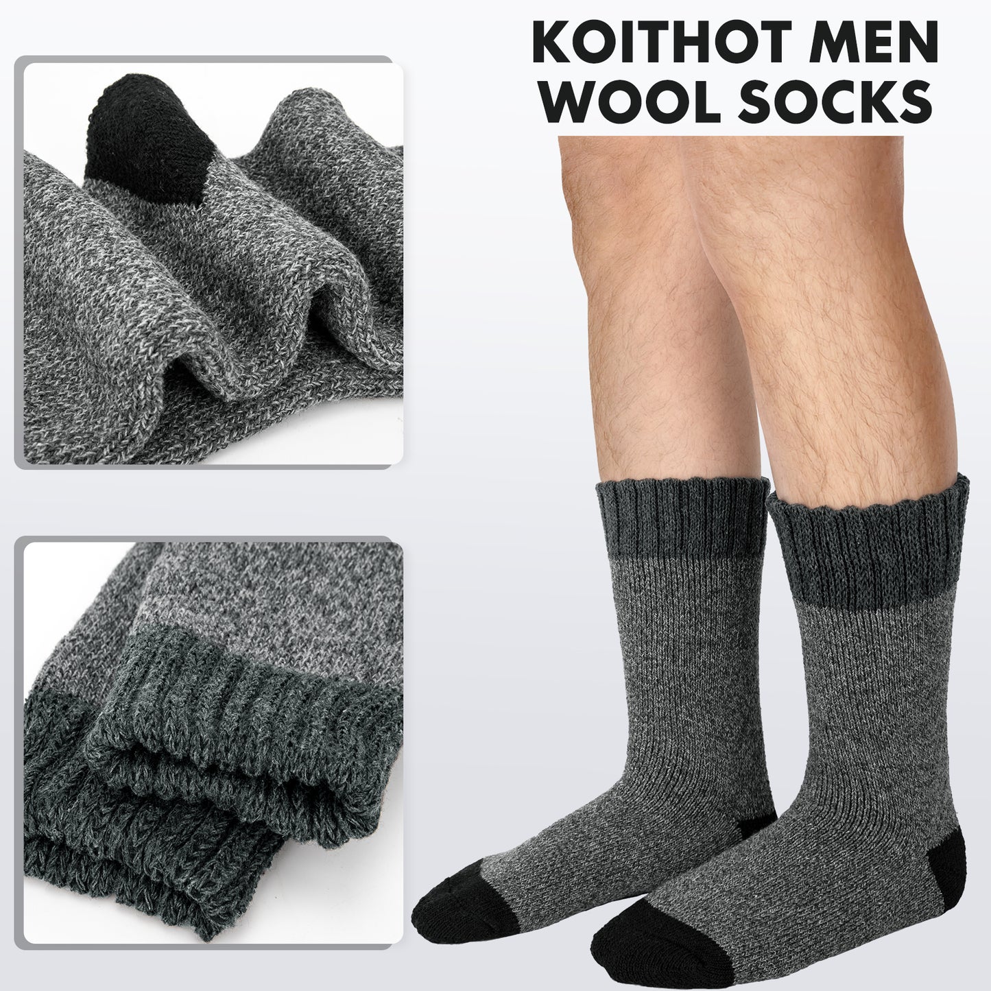 KOITHOT 2 Pairs Men Wool Socks, Thick Warm Thermal Wool Socks For Men, Hiking Winter Socks for Cold Weather