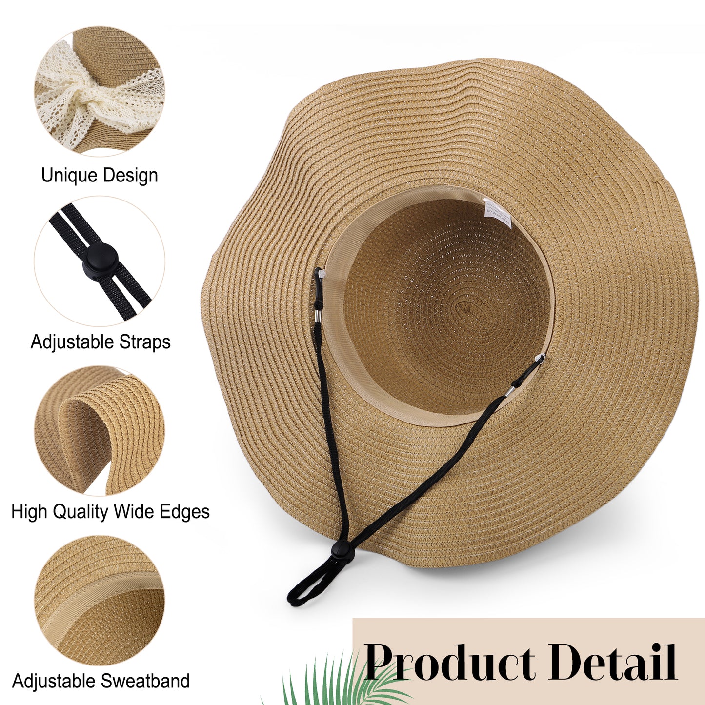 KOITHOT Woman Straw Hat Wide Brim UPF 50+ Women Summer Sun Hats for Beach with Sun Glasses Ribbon Khaki