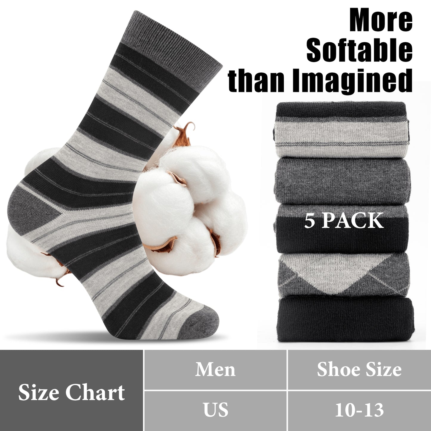 KOITHOT 5 Pack Dress Socks for Men Crew Socks Fashion Business Casual Cotton Mens Socks Size 10 13