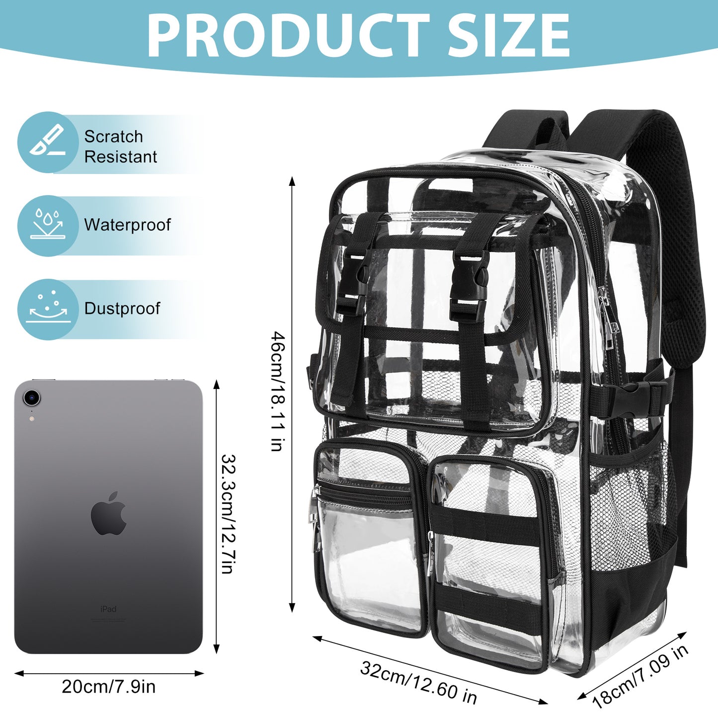 KOITHOT Clear Backpack Heavy Duty, Waterproof PVC Transparent Backpacks for Adults, Book Bag for School Travel