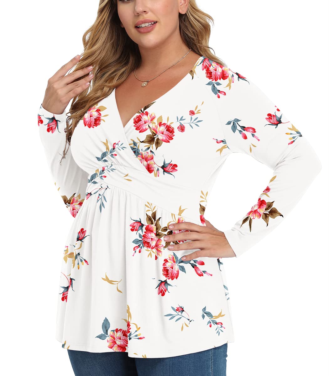 Chalesta Women Plus Size Shirt Long Sleeve Floral Print Tops Pleated Casual V Neck Tunic Top