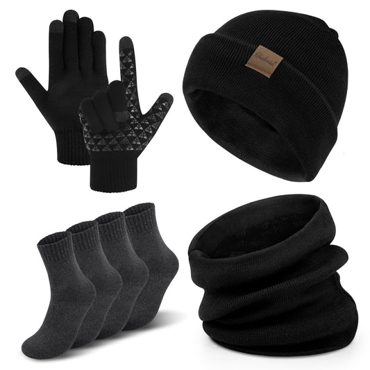 KOITHOT 5 Pcs Winter Beanie Hat Scarf Touchscreen Gloves Set with Wool Socks for Men Women Gray