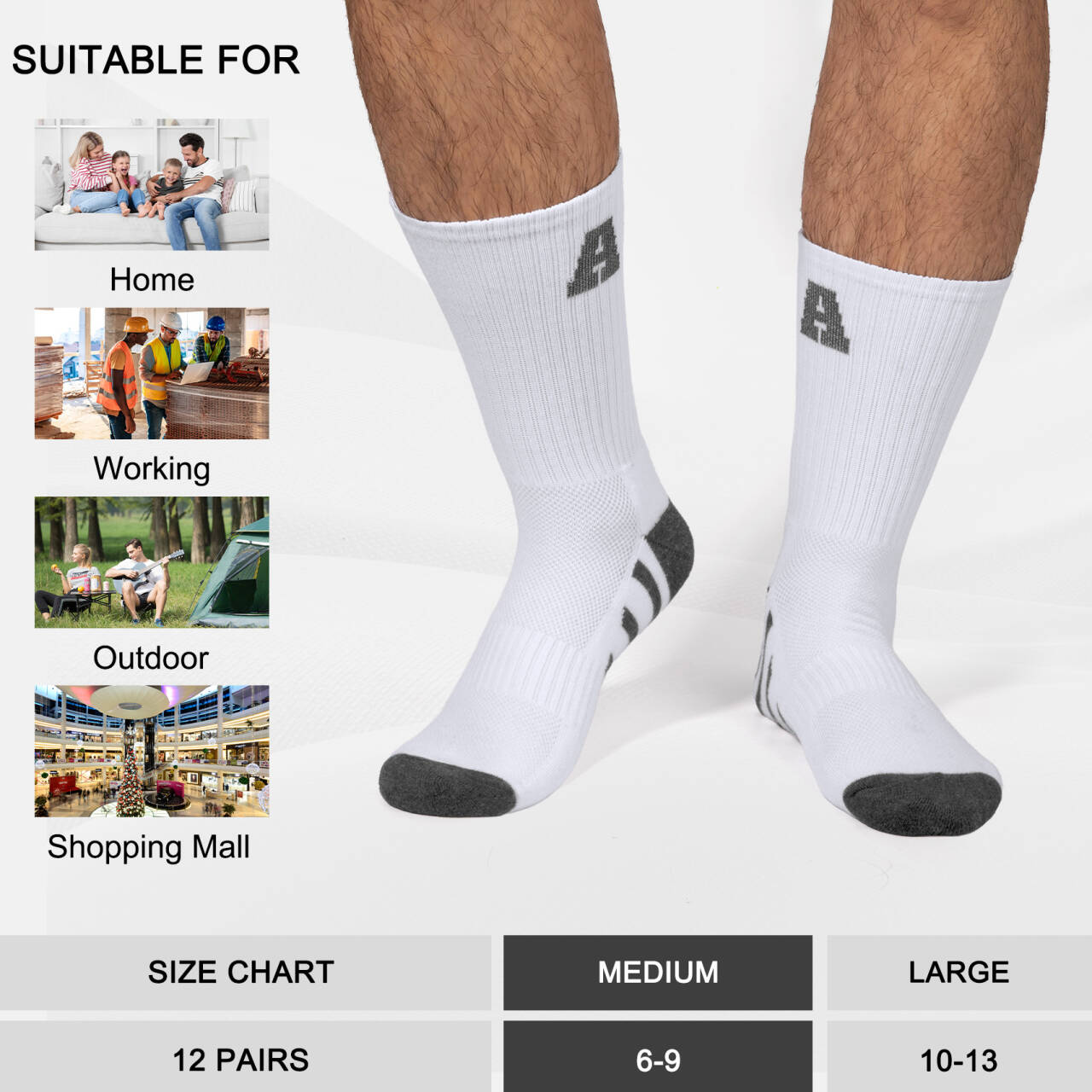 KOITHOT 12 Pairs Mens Crew Socks Athletic Men Socks Sport Cushioned Breathable Socks for Men Size 10-13