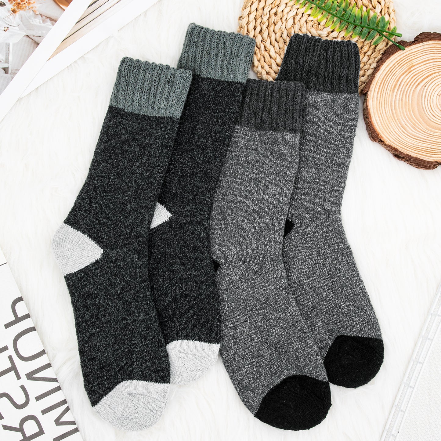 KOITHOT 2 Pairs Men Wool Socks, Thick Warm Thermal Wool Socks For Men, Hiking Winter Socks for Cold Weather