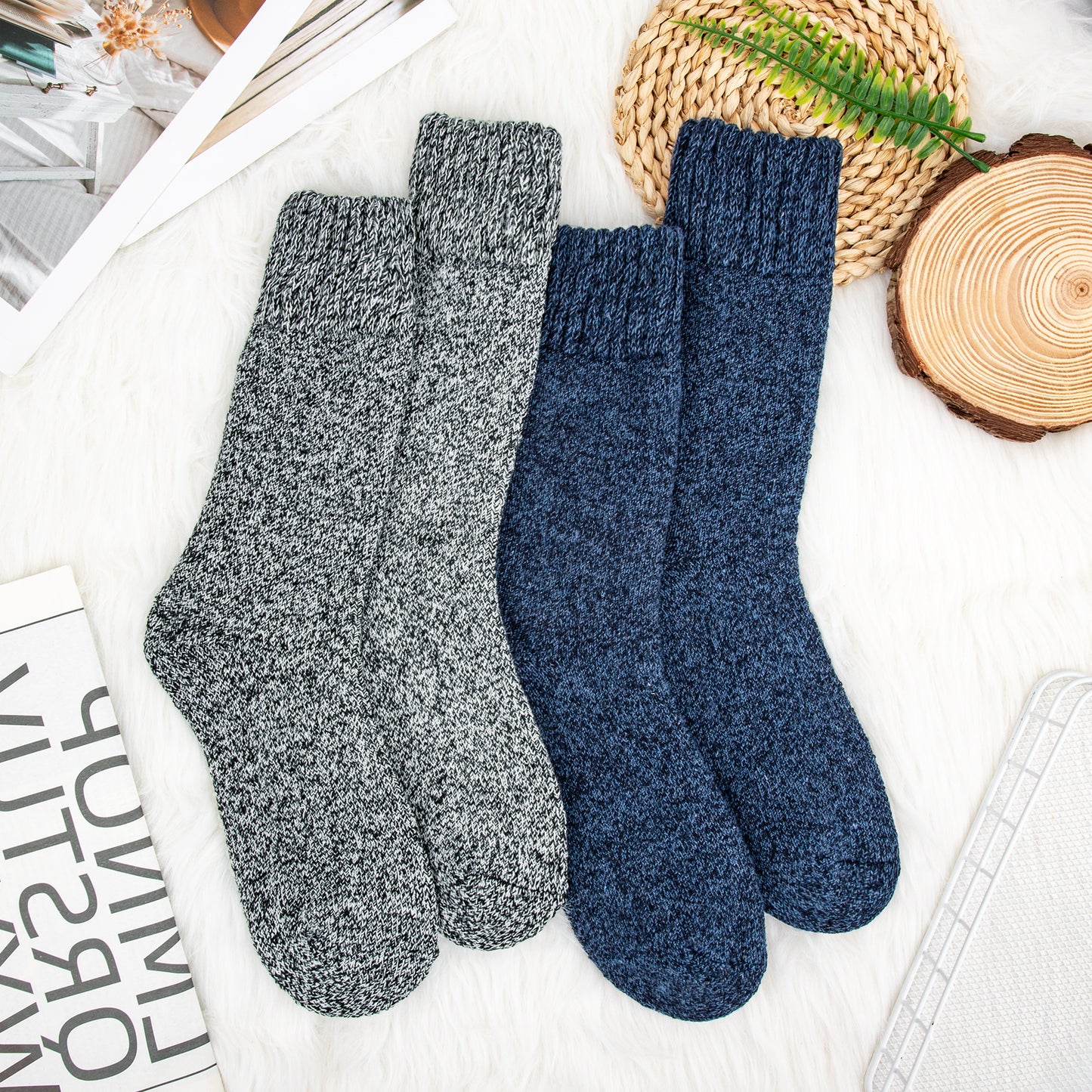 KOITHOT 2 Pairs Wool Socks Mens, Thick Warm Winter Socks, Soft Hiking Casual Work Socks for Men