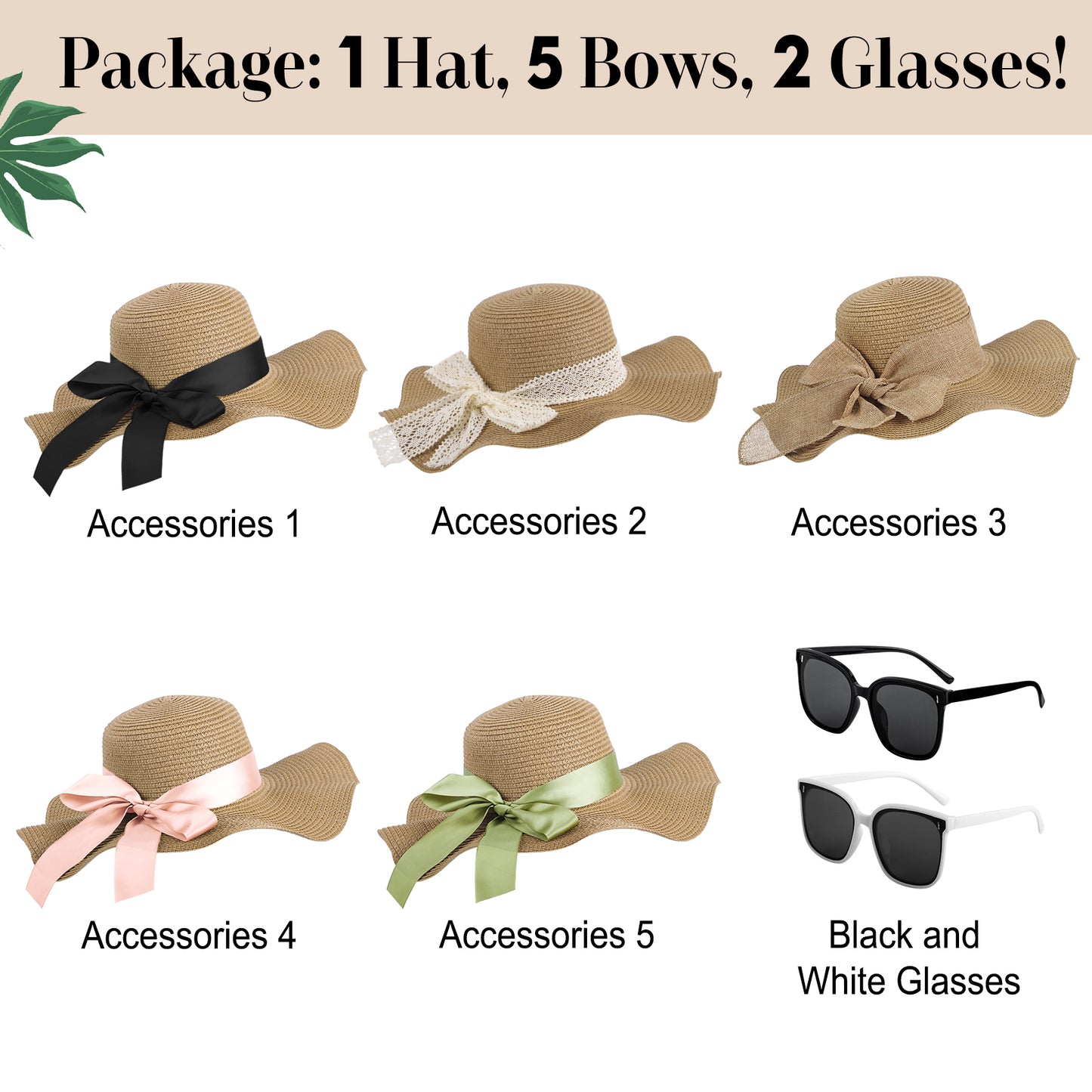KOITHOT Woman Straw Hat Wide Brim UPF 50+ Women Summer Sun Hats for Beach with Sun Glasses Ribbon Khaki