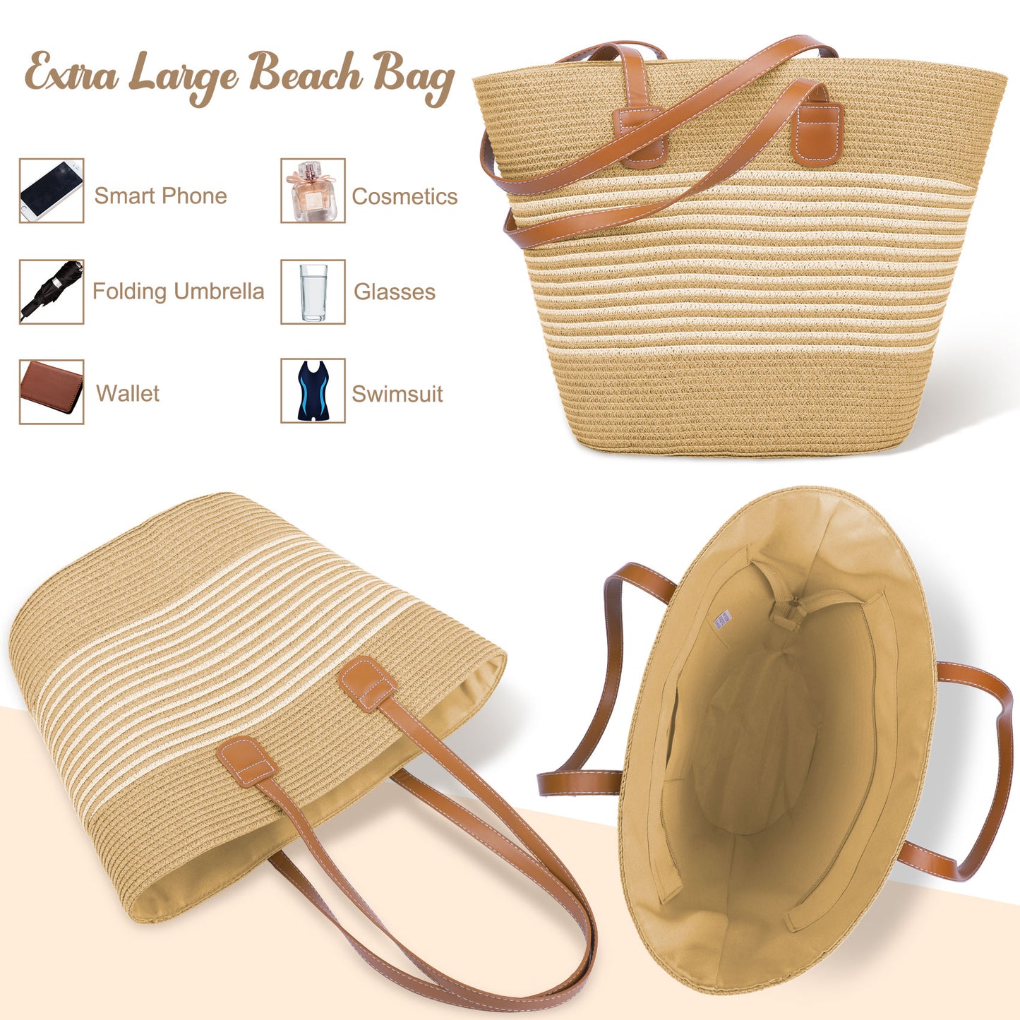KOITHOT Sun Hat and Tote Bag for Women Wide Brim UPF 50+ Women Summer Straw Hat for Women, Khaki
