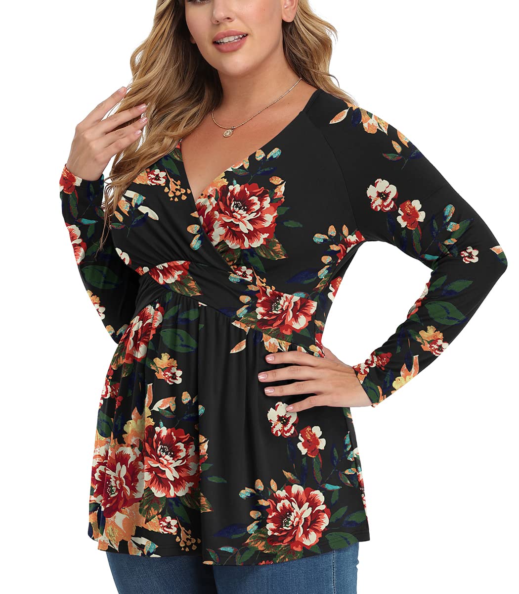 Chalesta Women Plus Size Shirt Long Sleeve Floral Print Tops Pleated Casual V Neck Tunic Top