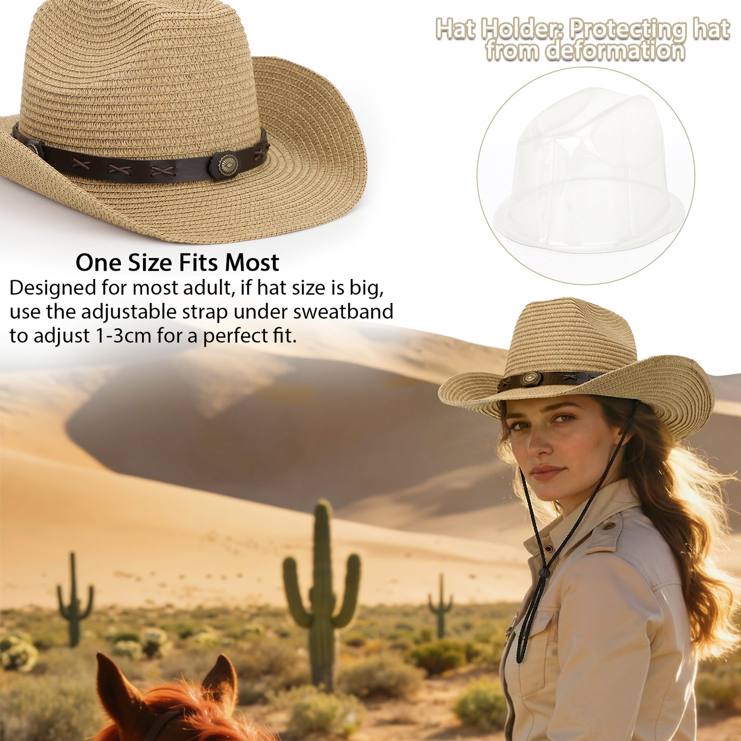 KOITHOT Straw Cowboy Hat for Women Foldable Western Cowgirl Sun Hats for Women with Adjustable Strap, Khaki