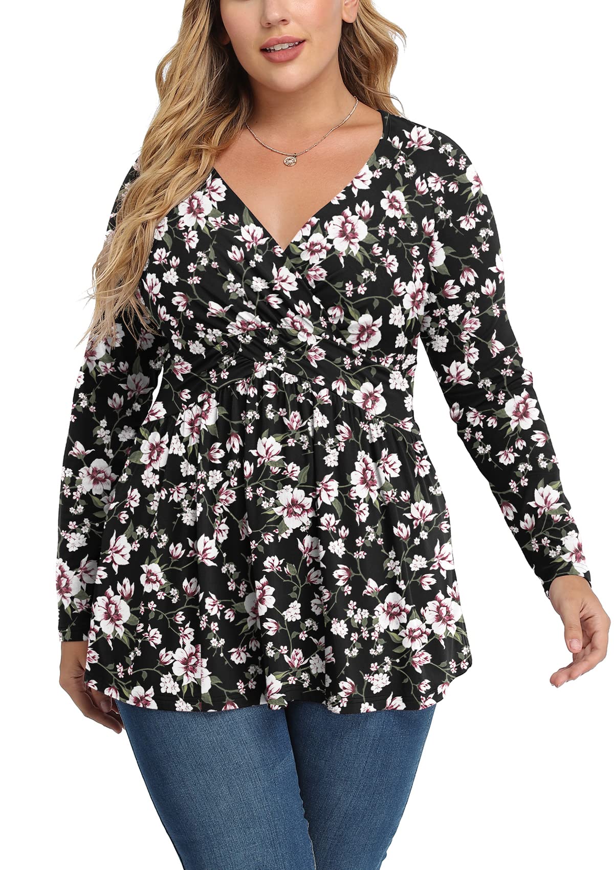 Chalesta Women Plus Size Shirt Long Sleeve Floral Print Tops Pleated Casual V Neck Tunic Top