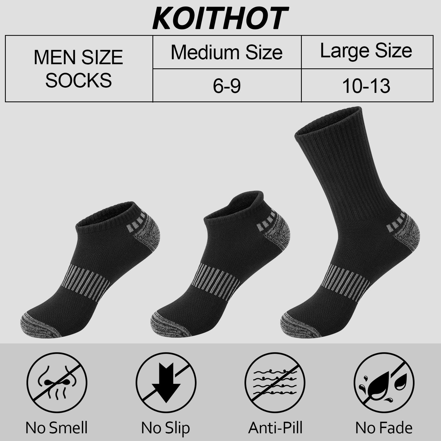 KOITHOT 12 Pairs Socks for Men with 4 No Show, 4 Ankle and 4 Crew, Cushioned Breathable Men Socks Size 10-13