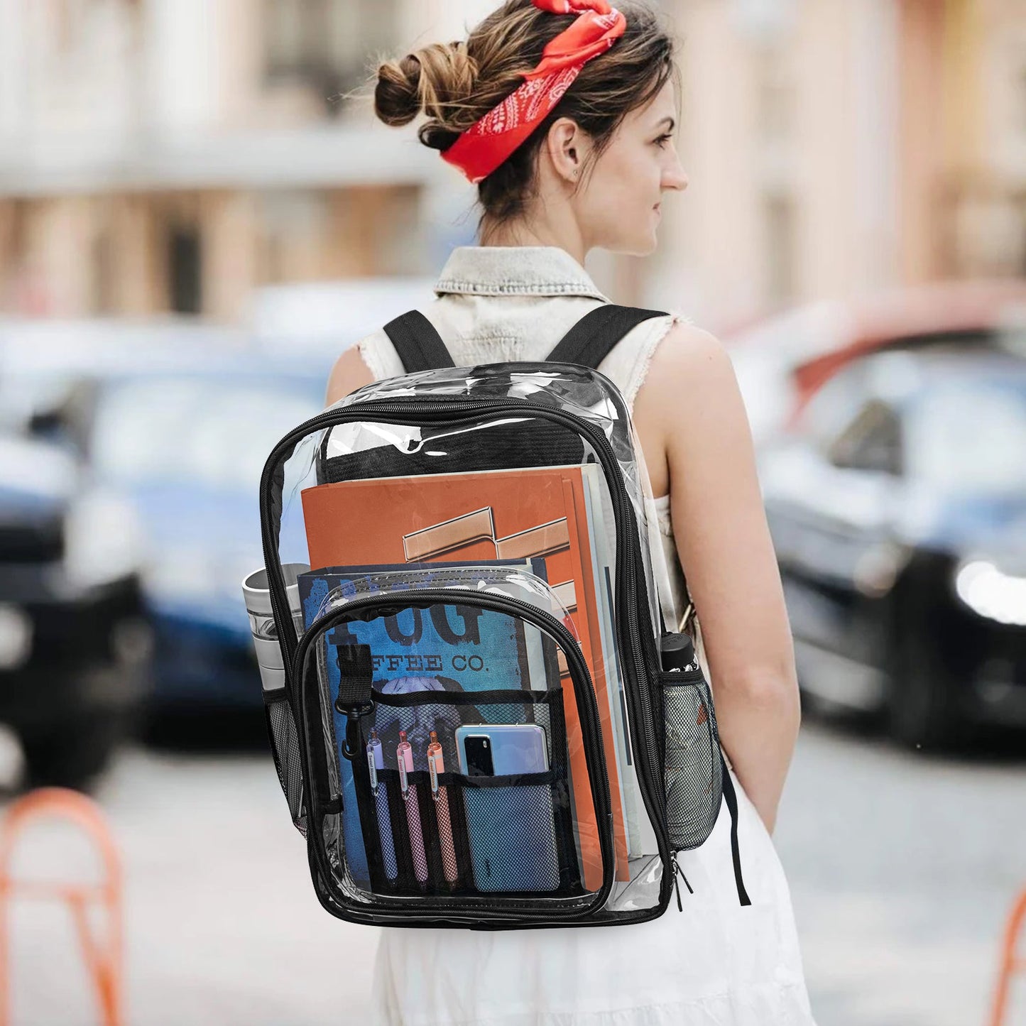 KOITHOT Heavy Duty Clear Backpacks Large Capacity Transparent Waterproof Backpacks for School Stadium College,Black