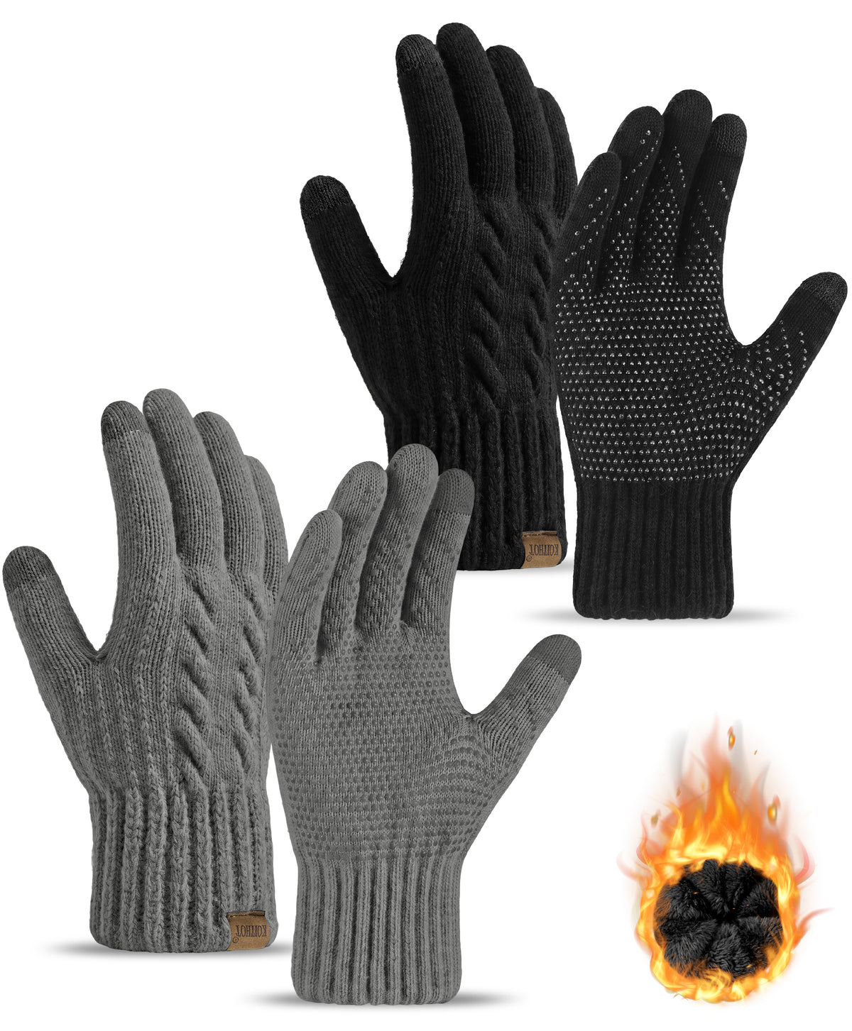 KOITHOT 2 Pairs Winter Gloves for Women Thick Lined Touch Screen Knit Warm Gloves for Cold Weather