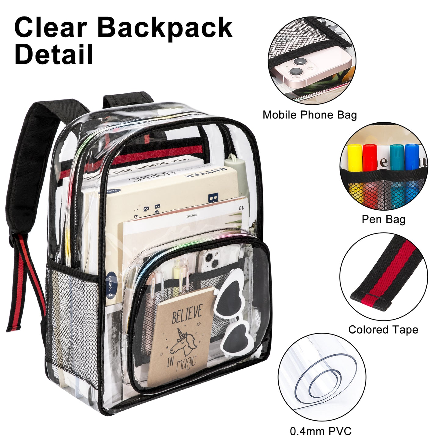 KOITHOT Clear Backpacks Heavy Duty Large Capacity Transparent Waterproof Bookbags with Matching Pouch for School Stadium College