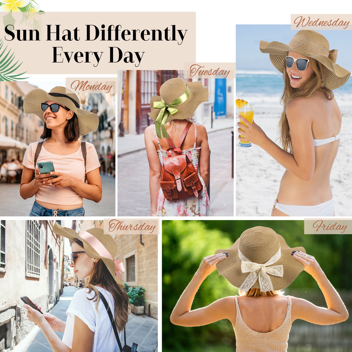 KOITHOT Woman Straw Hat Wide Brim UPF 50+ Women Summer Sun Hats for Beach with Sun Glasses Ribbon Khaki