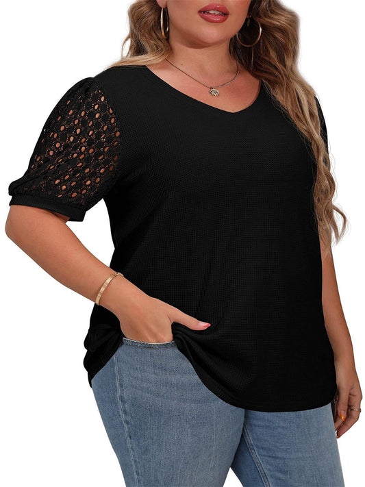Plus Size Tops for Women Summer Blouse Waffle Knit Short Lace Sleeve