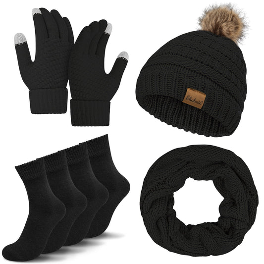 KOITHOT 5 Pcs Women Winter Hat Gloves Scarf Set, Warm Thick Soft Knitted Touch Screen Black