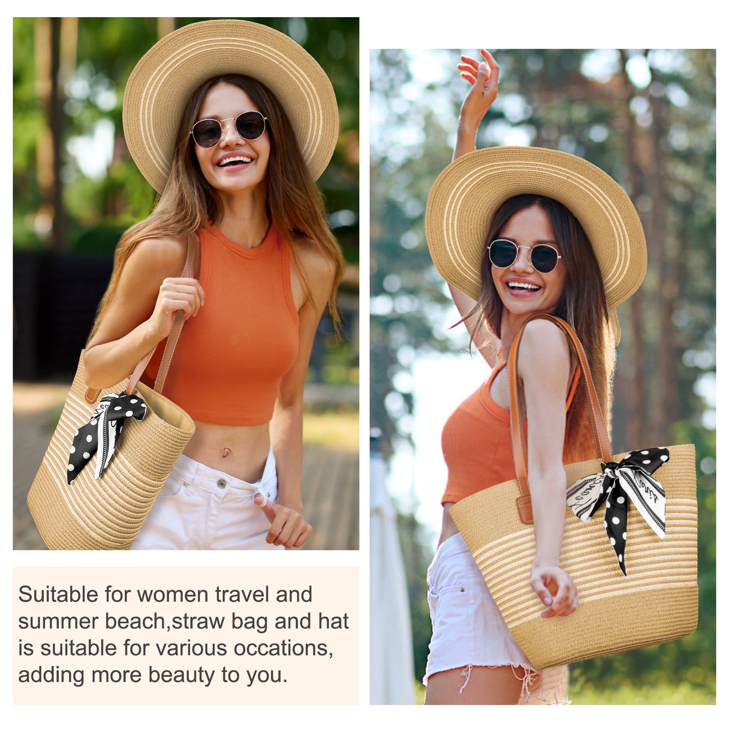 KOITHOT Sun Hat and Tote Bag for Women Wide Brim UPF 50+ Women Summer Straw Hat for Women, Khaki