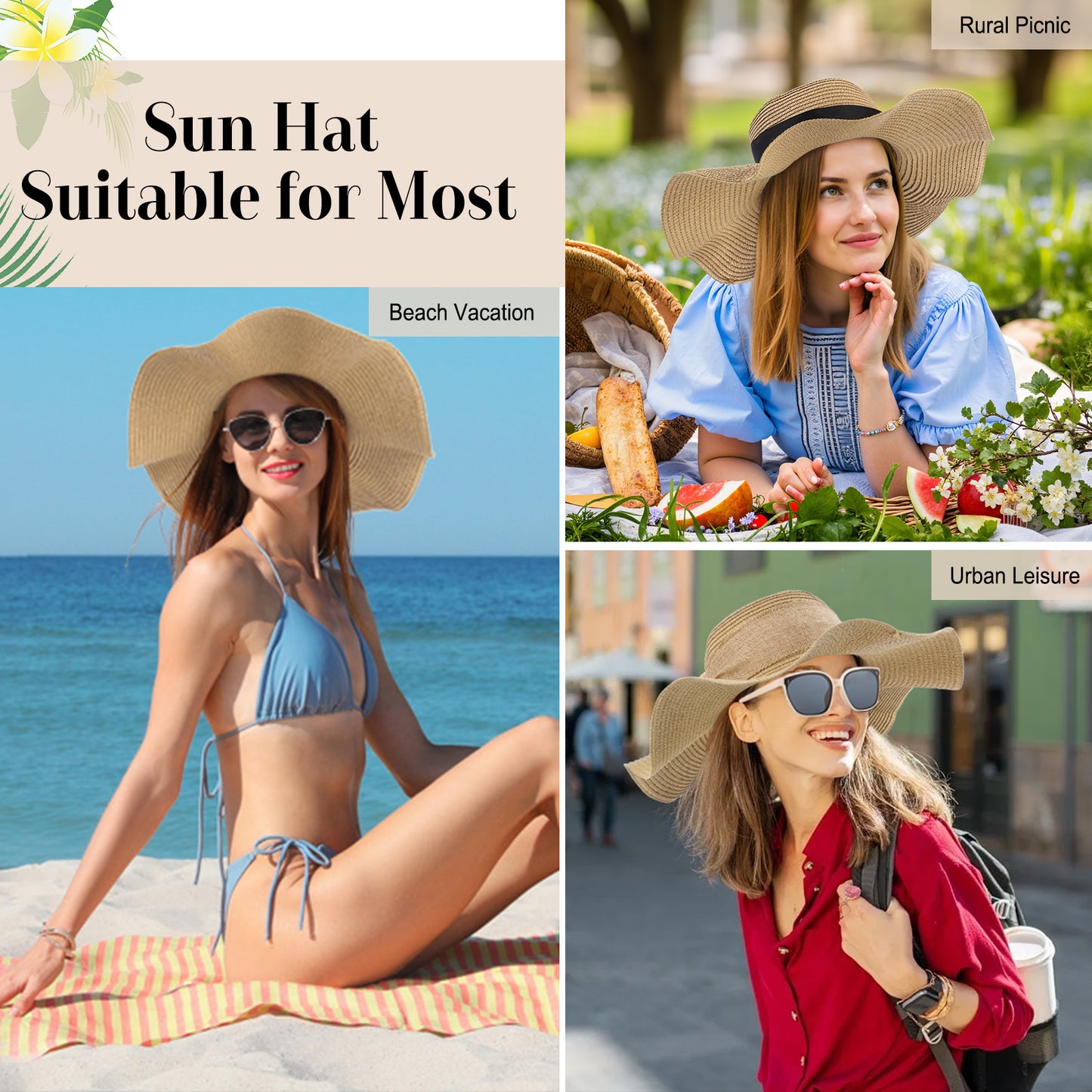 KOITHOT Woman Straw Hat Wide Brim UPF 50+ Women Summer Sun Hats for Beach with Sun Glasses Ribbon Khaki
