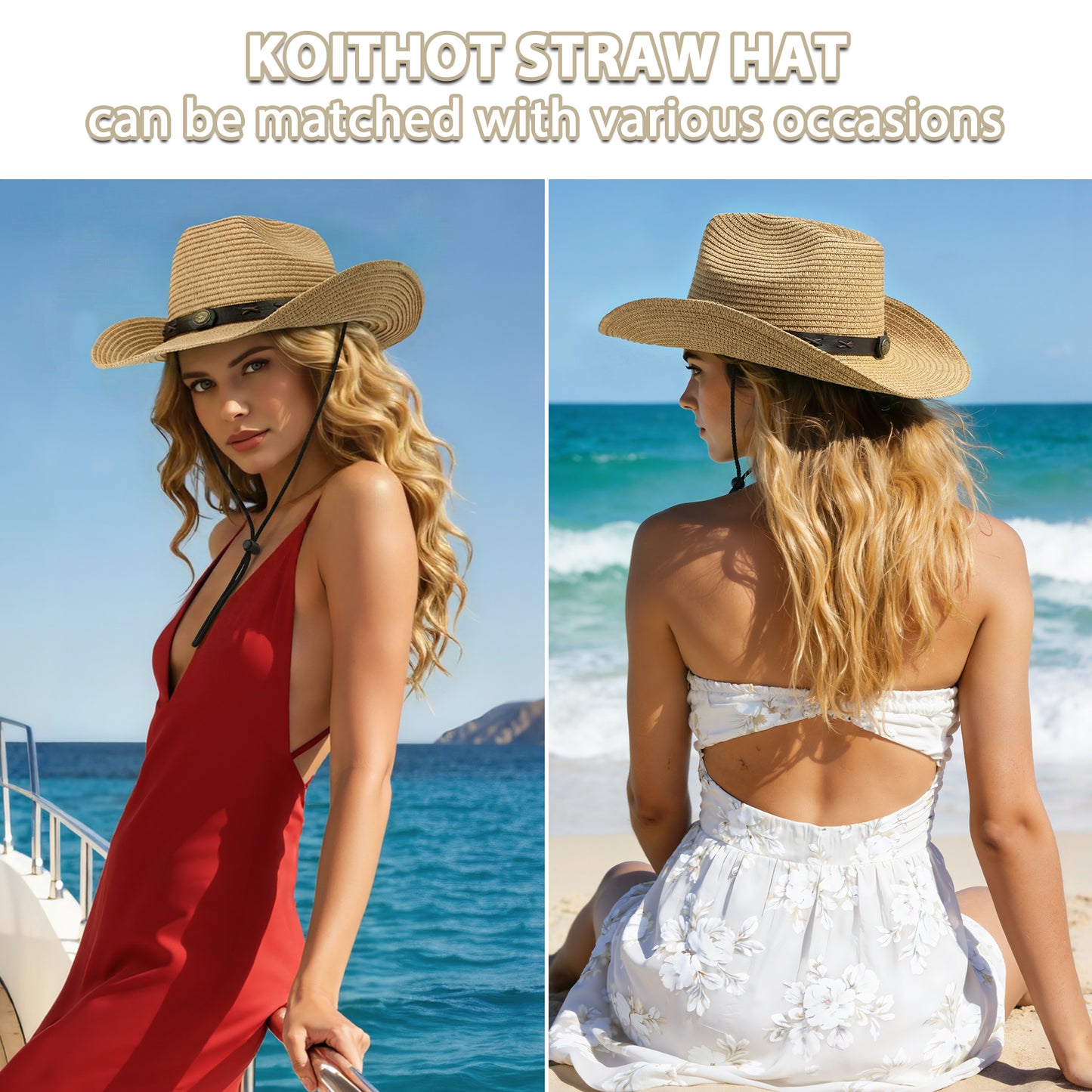 KOITHOT Straw Cowboy Hat for Women Foldable Western Cowgirl Sun Hats for Women with Adjustable Strap, Khaki