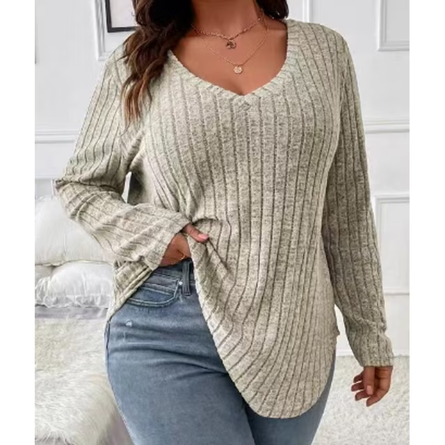 Chalesta Women Plus Size Tops V Neck Long Sleeve Casual Blouse Loose Basic Tunic Tshirts