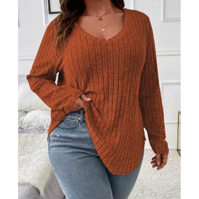 Chalesta Women Plus Size Tops V Neck Long Sleeve Casual Blouse Loose Basic Tunic Tshirts