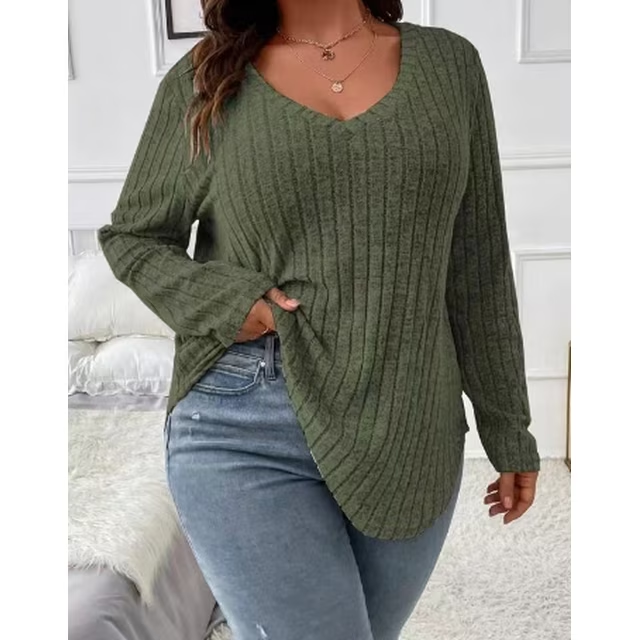 Chalesta Women Plus Size Tops V Neck Long Sleeve Casual Blouse Loose Basic Tunic Tshirts