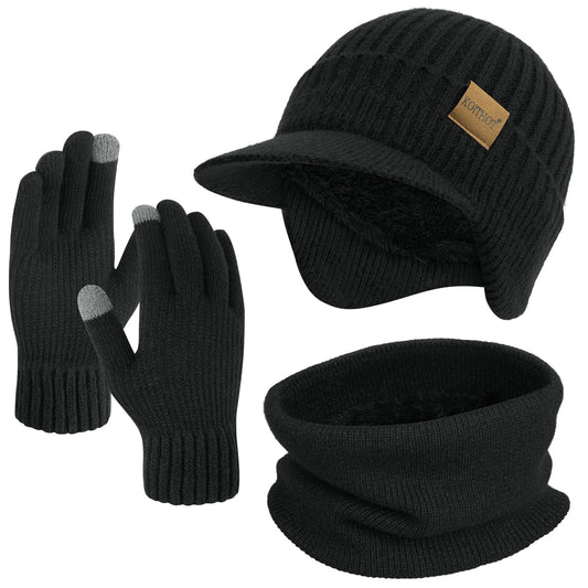 KOITHOT 3 Pcs Winter Beanie Hat with Brim and Ear Flaps Knitted Line Neck Warmer Touchscreen Gloves Set for Men Women Black