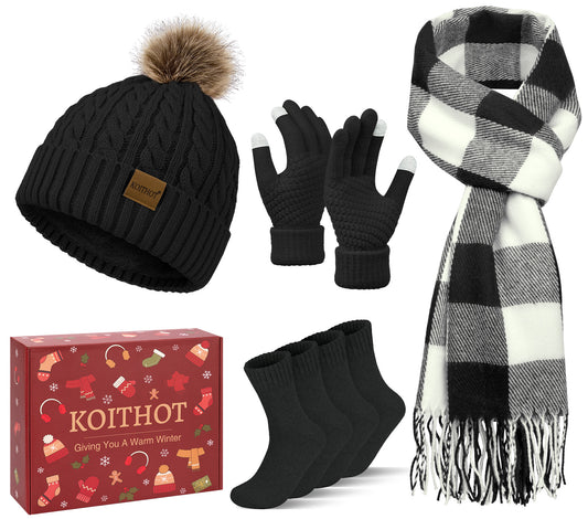 KOITHOT 5 Pcs Winter Beanie Hat Long Knit Plaid Scarf Touchscreen Gloves Wool Socks Set with Gift Box for Women Men Black