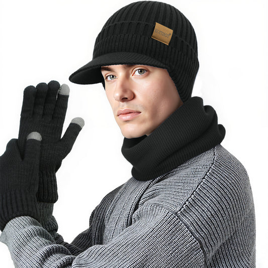 KOITHOT 3 Pcs Winter Beanie Hat with Brim and Ear Flaps Knitted Line Neck Warmer Touchscreen Gloves Set for Men Women Black