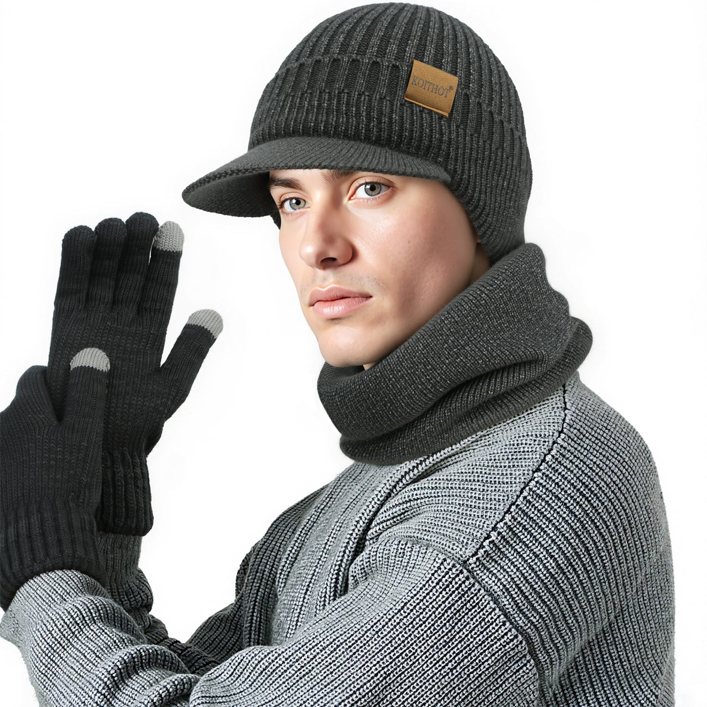 KOITHOT 3 Pcs Winter Beanie Hat with Brim and Ear Flaps Knitted Line Neck Warmer Touchscreen Gloves Set for Men Women Black