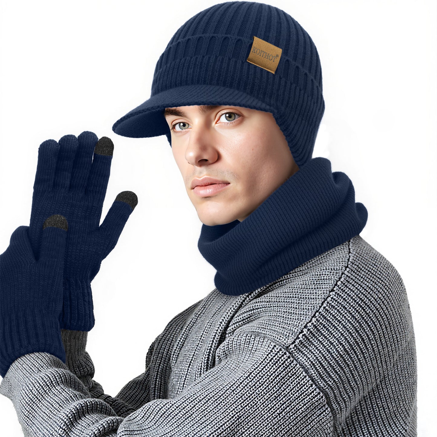 KOITHOT 3 Pcs Winter Beanie Hat with Brim and Ear Flaps Knitted Line Neck Warmer Touchscreen Gloves Set for Men Women Black