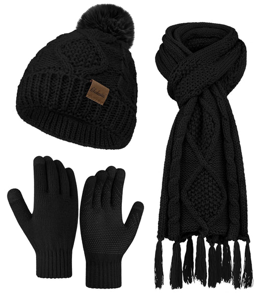 KOITHOT 3 Pieces Women Winter Hat Gloves Scarf Set, Soft Warm Thick Touch Screen Knitted Black