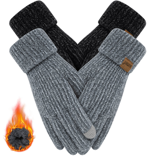 KOITHOT 2 Pairs Winter Gloves for Women Chenille, Winter Warm Thick Lined Touchscreen Fingers Weather Gloves